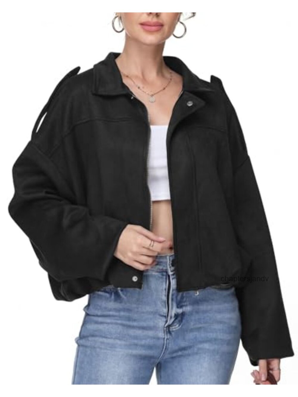 Faux Suede Bomber Jacket Oversized Cropped Coat Zip Front Women